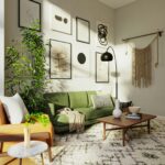 Salon cosy tendance déco 2026 avec canapé vert