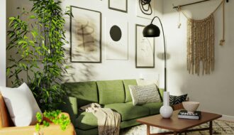 Salon cosy tendance déco 2026 avec canapé vert