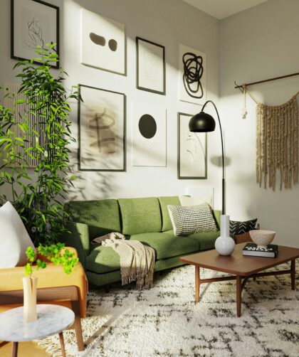 Salon cosy tendance déco 2026 avec canapé vert