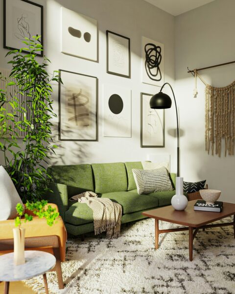 Salon cosy tendance déco 2026 avec canapé vert