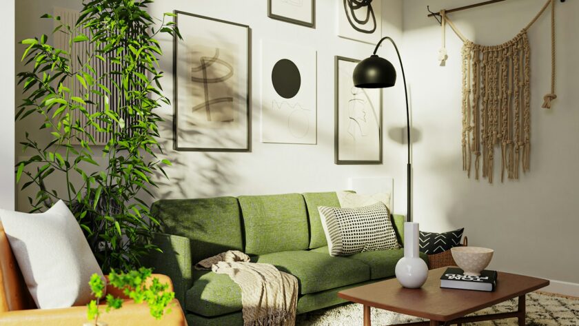 Salon cosy tendance déco 2026 avec canapé vert